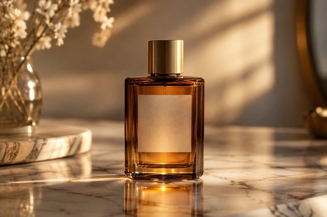 An unbranded amber glass perfume bottle on a marble surface in soft golden-hour studio light