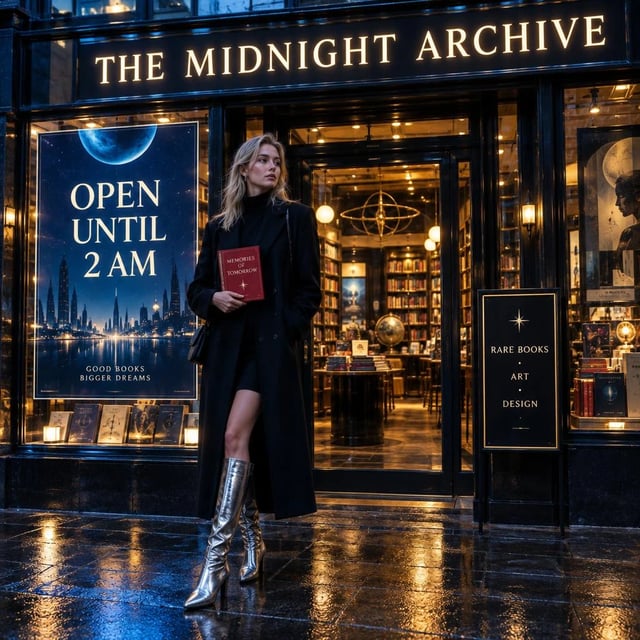 A stylish woman outside a retro-futuristic bookstore at night with storefront signage and a book title all spelled correctly
