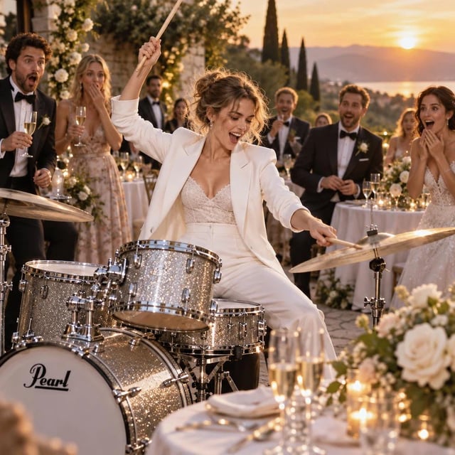 A woman in a white suit mid drum solo at an outdoor wedding reception with surprised guests around her