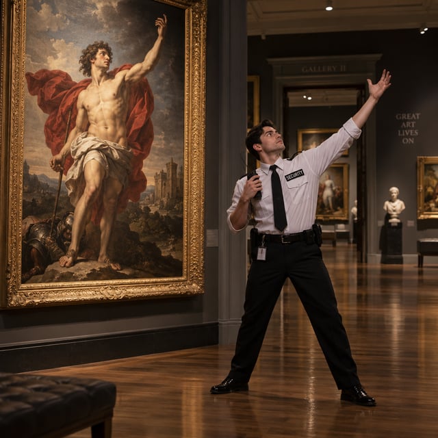 A museum guard beside a Renaissance painting, copying the exact heroic pose of the figure inside it