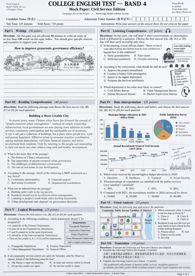 A crowded illustrated exam booklet laid out like an English CET-4 paper, with Chinese civil-service questions, numbered items, and small diagrams