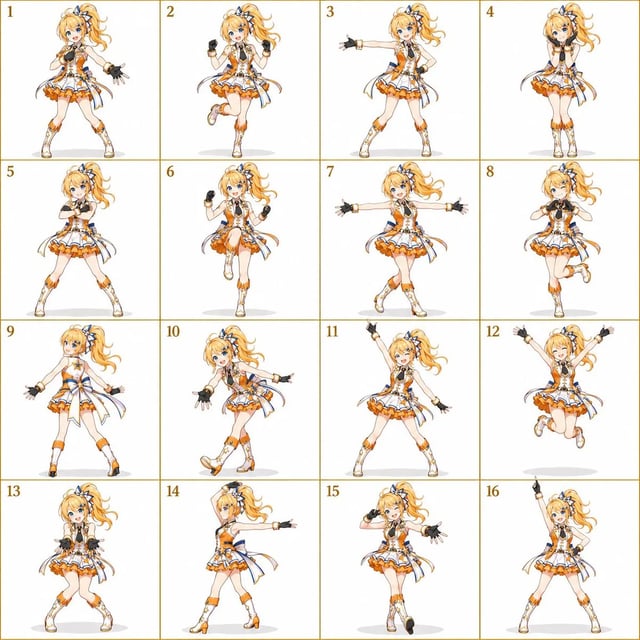 A 4-by-4 numbered grid of the same blonde idol-style character in sixteen distinct dance poses on a white background