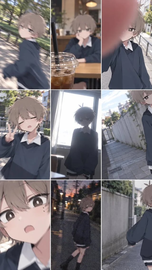 A 3-by-3 grid of casual, slightly failed snapshots of the same short-haired character in a navy sweatshirt — motion blur, a finger over the lens, backlight, a night street