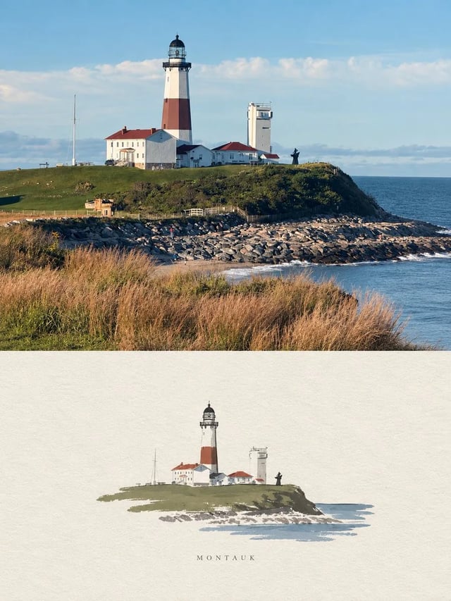 A split poster: a photograph of Montauk Point Lighthouse on a grassy bluff above, and a small handmade paper illustration of the same lighthouse labeled MONTAUK below
