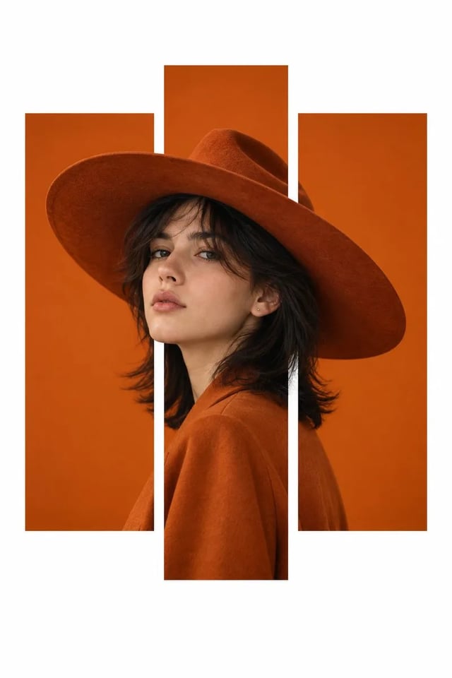 A three-quarter portrait of a woman in a wide burnt-orange cowboy hat, cropped through three tall orange rectangles on a white poster field