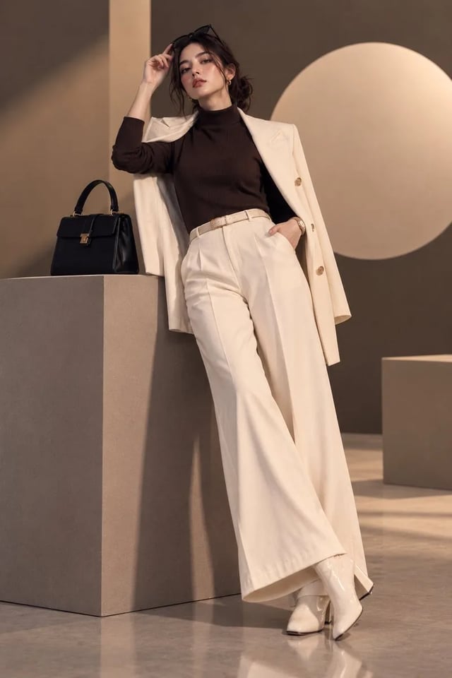 A woman in an ivory blazer over a dark chocolate knit, cream wide-leg trousers, and a black handbag on a stone pedestal in a mocha studio