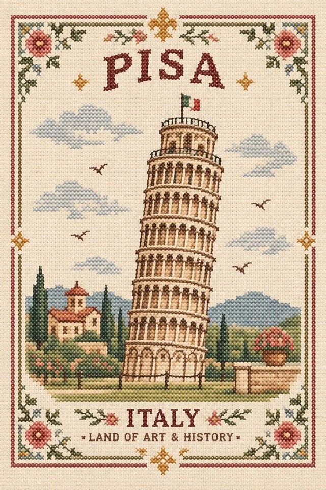A vintage cross-stitch of the Leaning Tower of Pisa on ivory linen, with floral borders and stitched type reading PISA and ITALY LAND OF ART AND HISTORY