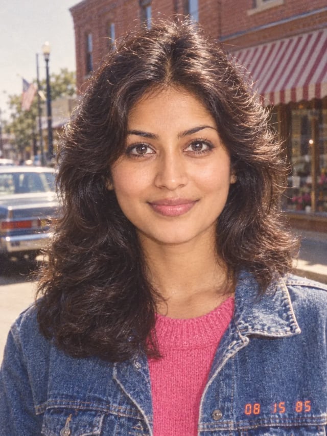 Synthetic 1980s street restyle of a woman in a denim jacket over a pink knit, brick storefronts, a striped awning, and an orange 08 15 85 date stamp
