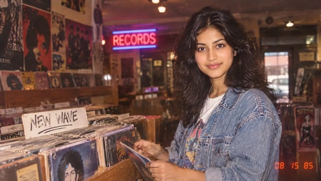 ネオンの Records 看板の下でレコードを見る、デニムジャケット姿の女性の合成1980年代風レコード店写真。オレンジ色の 08 15 85 日付スタンプ入り