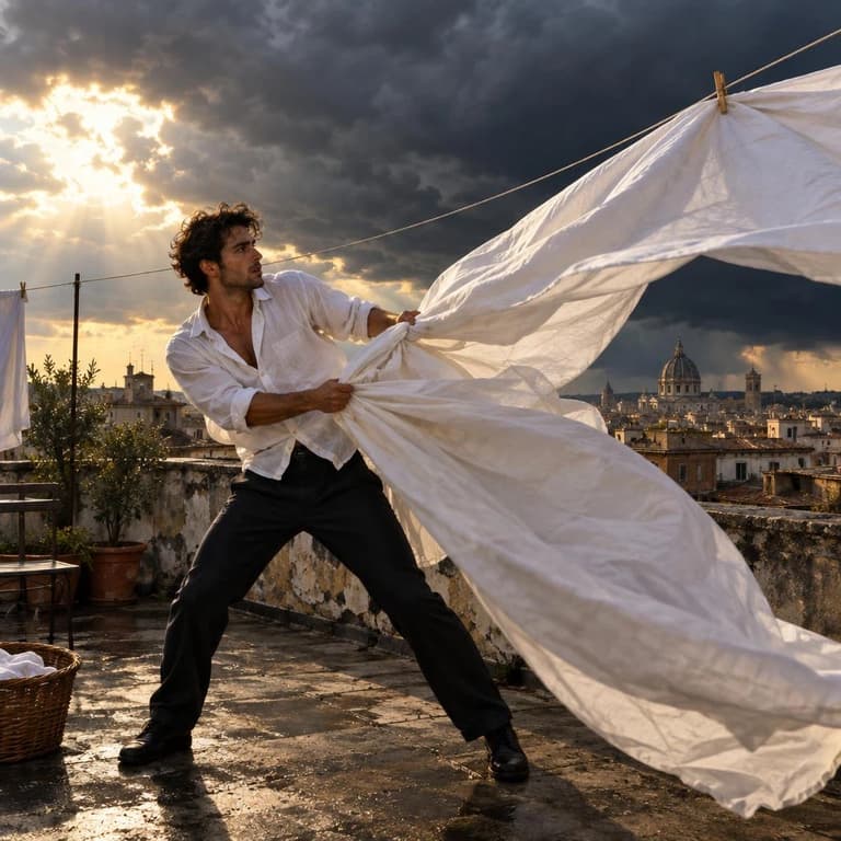 A man on a storm-lit rooftop wrestling a bedsheet that has turned into a sail