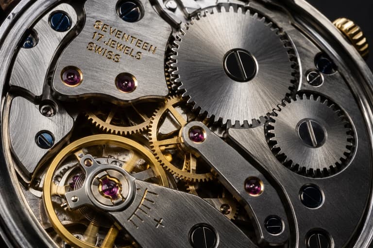 Extreme macro of an open mechanical wristwatch movement with gears and jewels