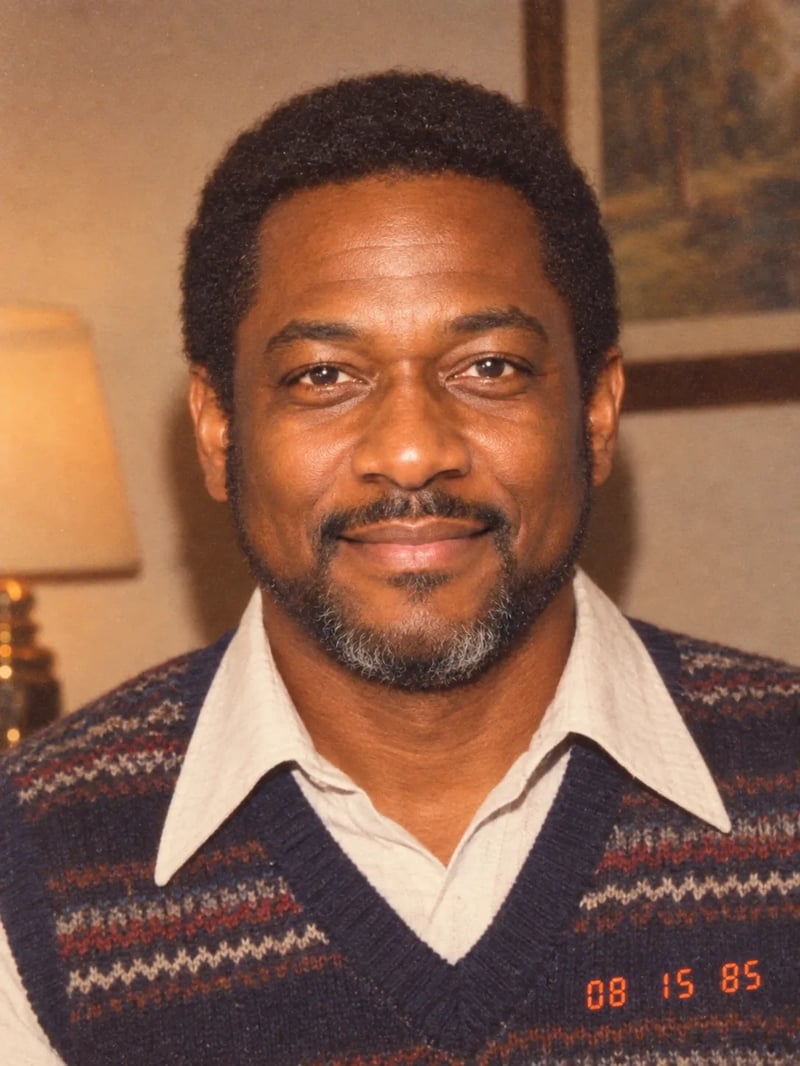 The same man in a cream collared shirt under a navy patterned knit vest, indoor lamp and landscape painting, warm flash, and an orange date stamp reading 08 15 85