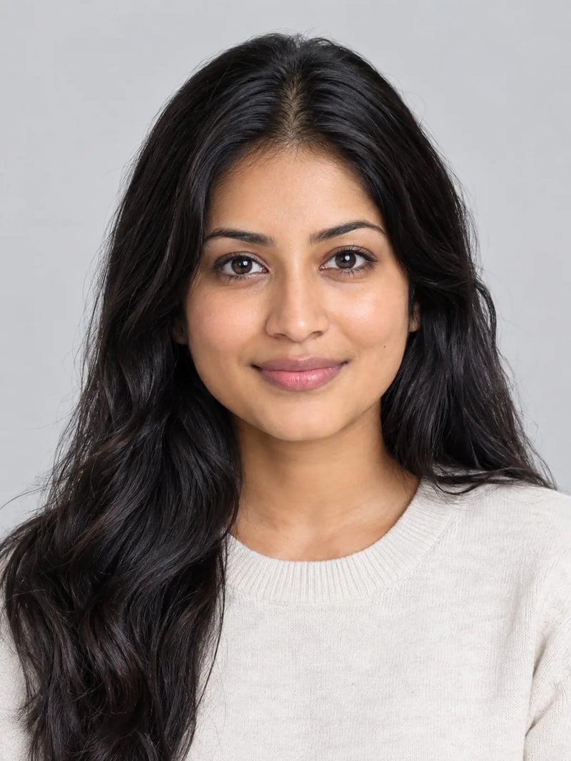 Synthetic studio portrait of a South Asian woman with long dark wavy hair and a light crewneck sweater on a gray backdrop