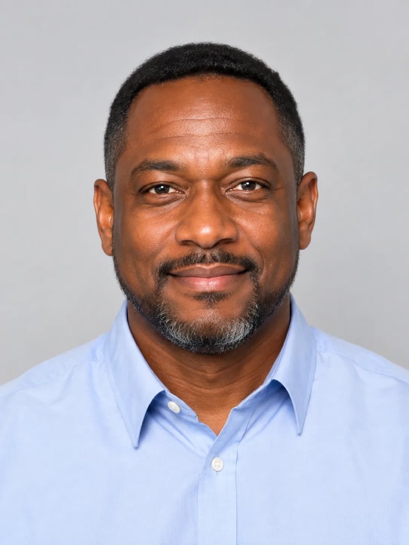 Synthetic studio portrait of a Black man with a short beard and a light blue collared shirt on a gray backdrop