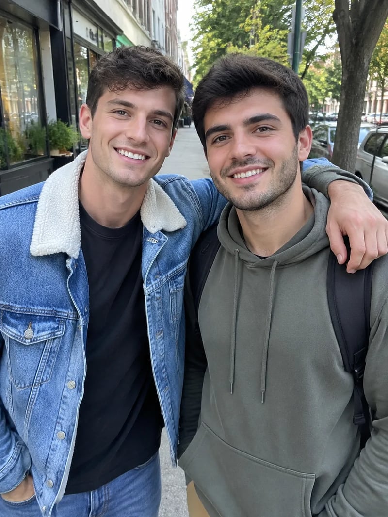 デニムジャケットとオリーブのフーディーを着て、屋外の街中で肩を組む2人の合成人物写真