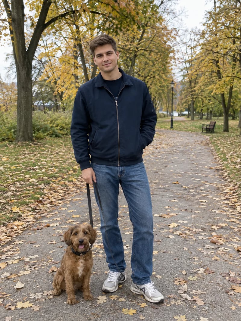 紅葉した公園で犬のリードを持って立つ合成人物写真