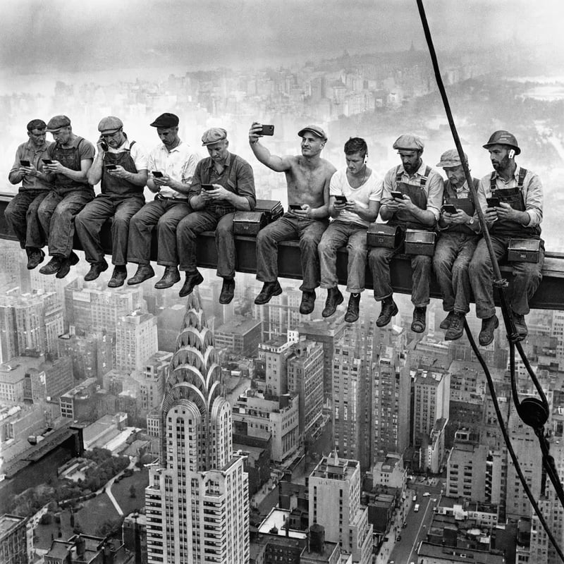 Lunch atop a Skyscraper restaged with the workers on their phones