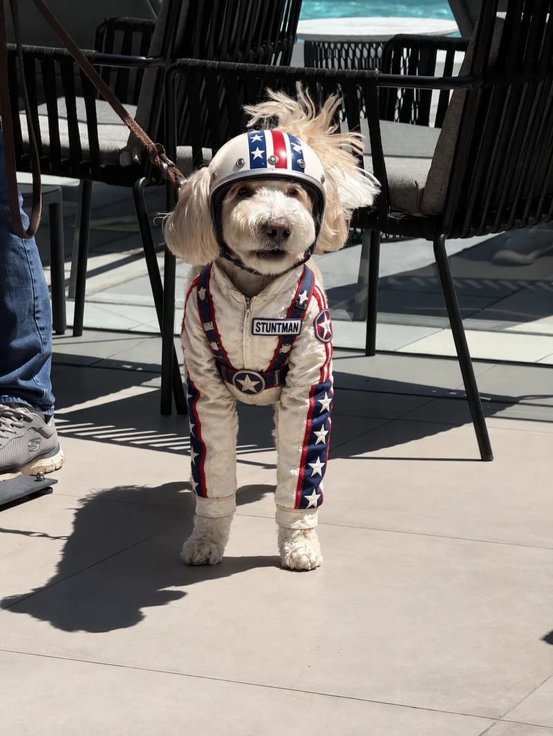 The same cream-colored dog on the patio wearing a white stunt suit, a starred helmet, and a STUNTMAN chest patch