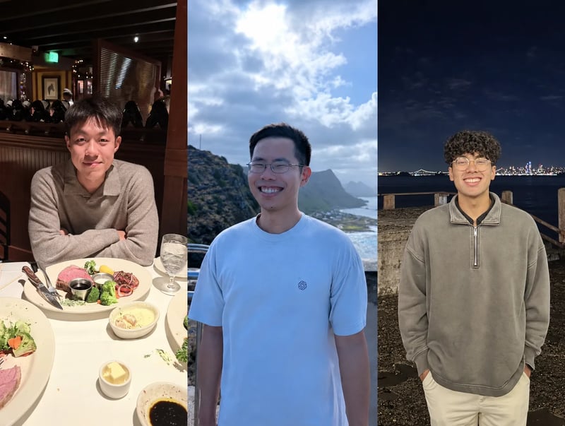 Three photographs side by side: a man at a restaurant table, a man in a blue T-shirt at a coastal overlook, and a man with curly hair at a waterfront at night