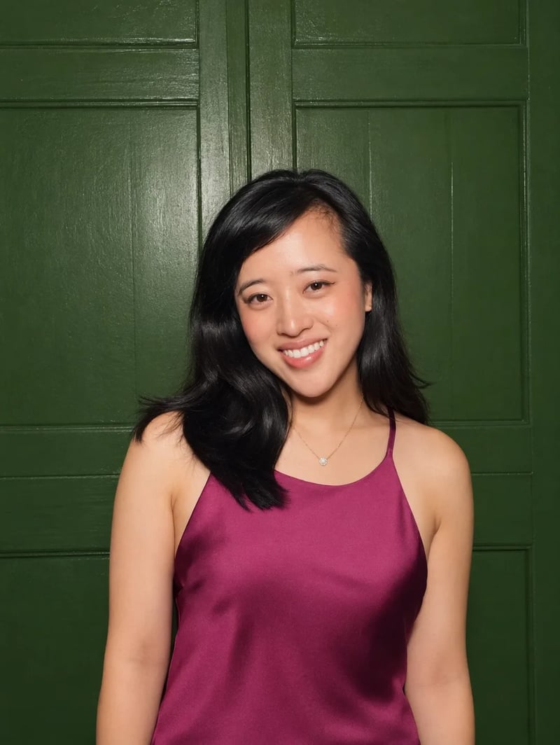 A smiling woman with dark hair wears a magenta top and a small pendant necklace in front of green paneled doors