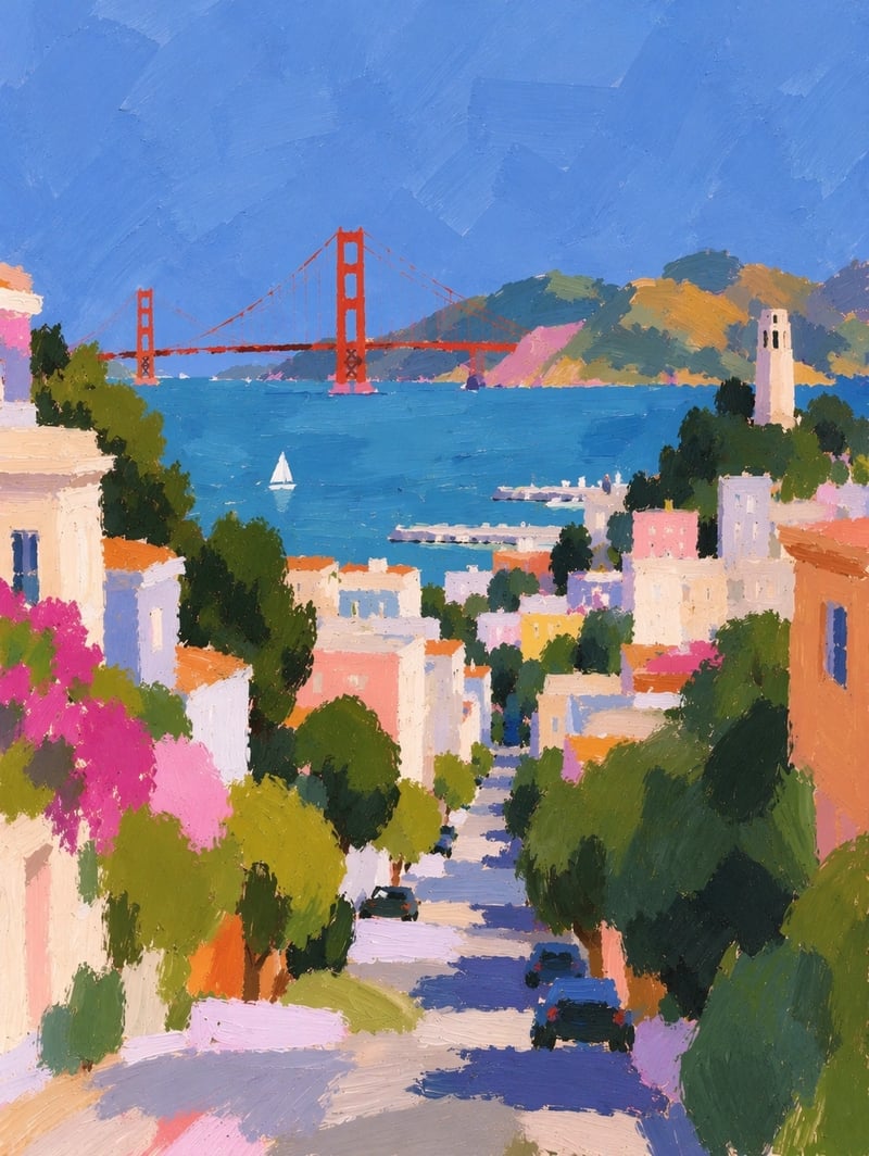 Impressionist painting of a San Francisco street descending past colorful houses toward the bay and Golden Gate Bridge