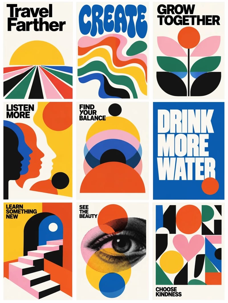 Nine mid-century modern posters in a three-by-three grid with bold lettering and geometric illustrations