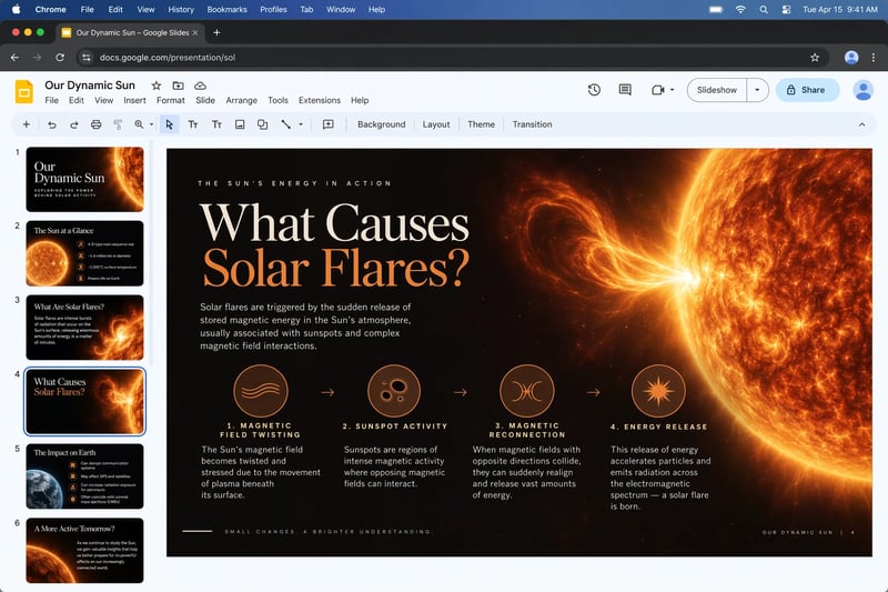 A presentation slide on what causes solar flares, with an image of the Sun and a four-step diagram