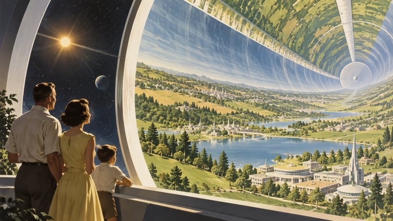 1950s-style illustration of a family looking into a vast cylindrical space habitat with green landscapes and futuristic buildings