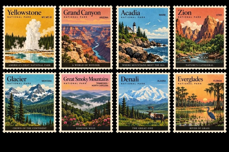 Eight vintage-style stamps depicting Yellowstone, Grand Canyon, Acadia, Zion, Glacier, Great Smoky Mountains, Denali, and Everglades