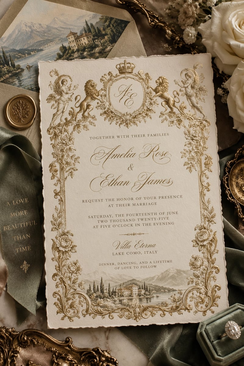 An ornate cream and gold wedding invitation with a crowned monogram, floral borders, and a Lake Como illustration